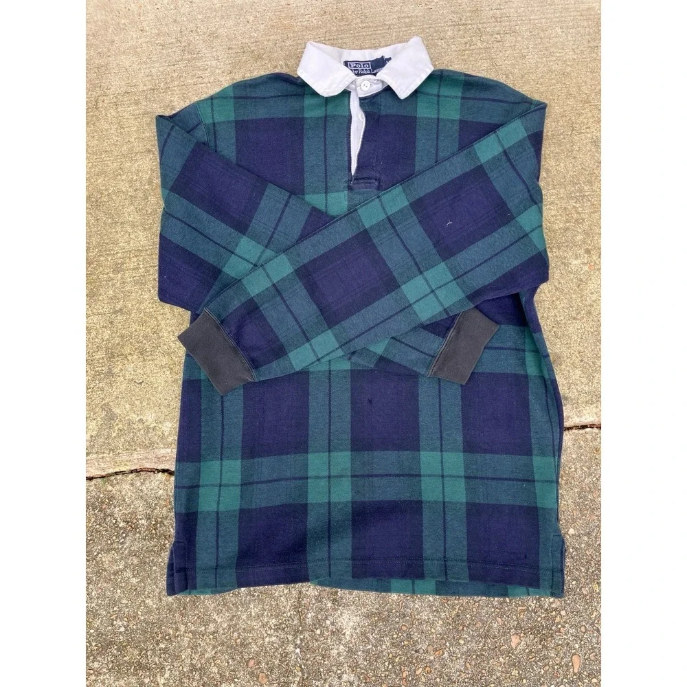 RARE Polo Ralph Lauren Black watch Plaid Rugby Shirt Soft Med Vtg Made In USA